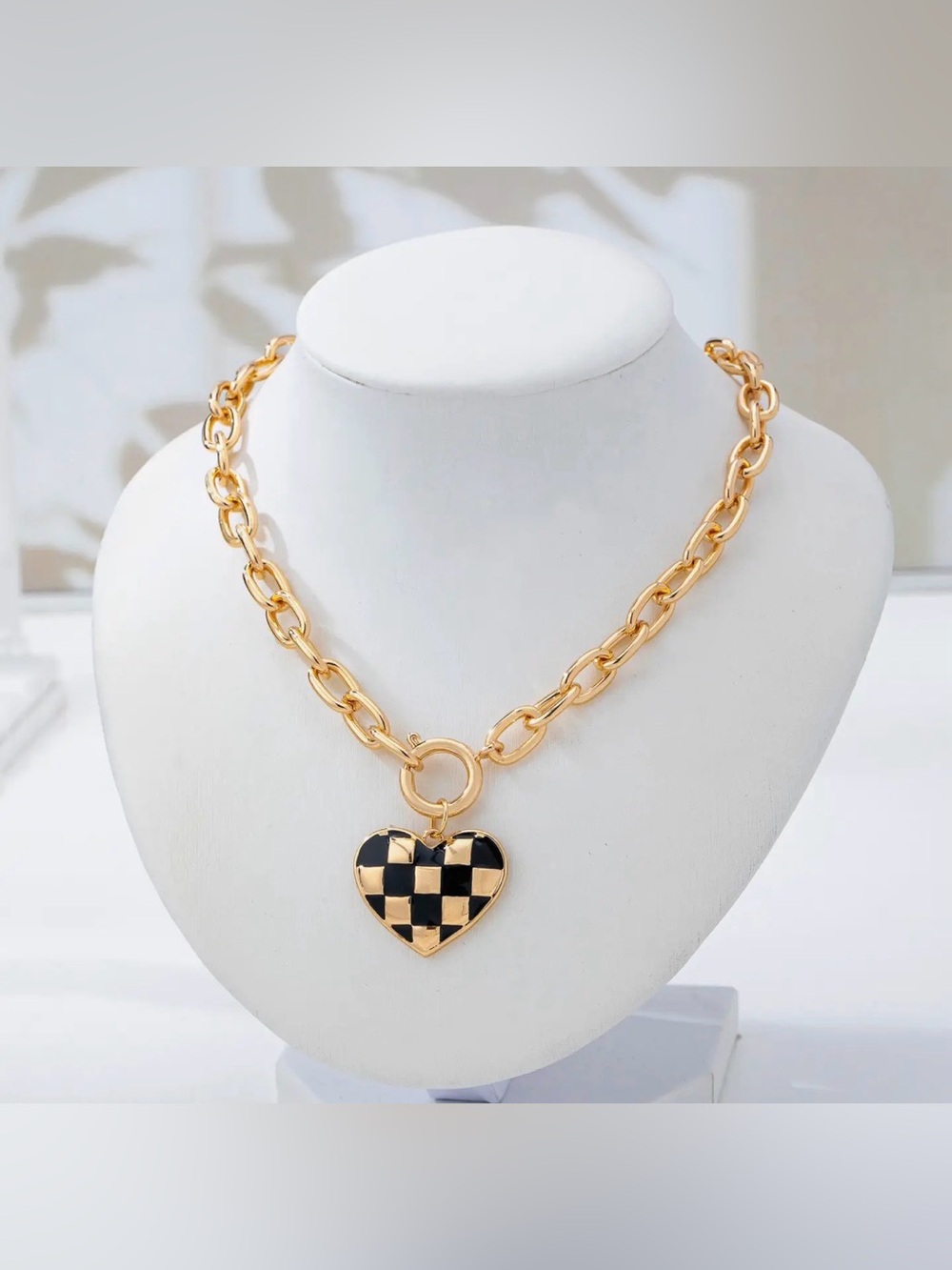 Gold Plated Chain Necklace with Black Checkered Heart Pendant